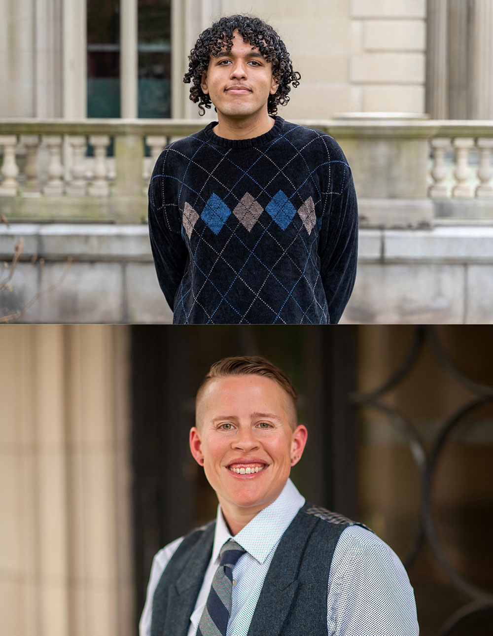 Two photos: Photo 1) A man with dark curly hair wearing a patterned sweater Photo 2) A person wearing a light blue dress shirt with a striped tie and vest