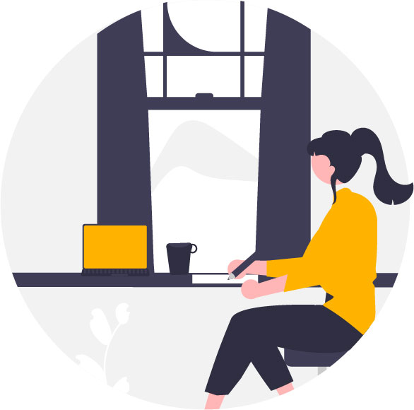 An animation of a woman sitting down studying at a window