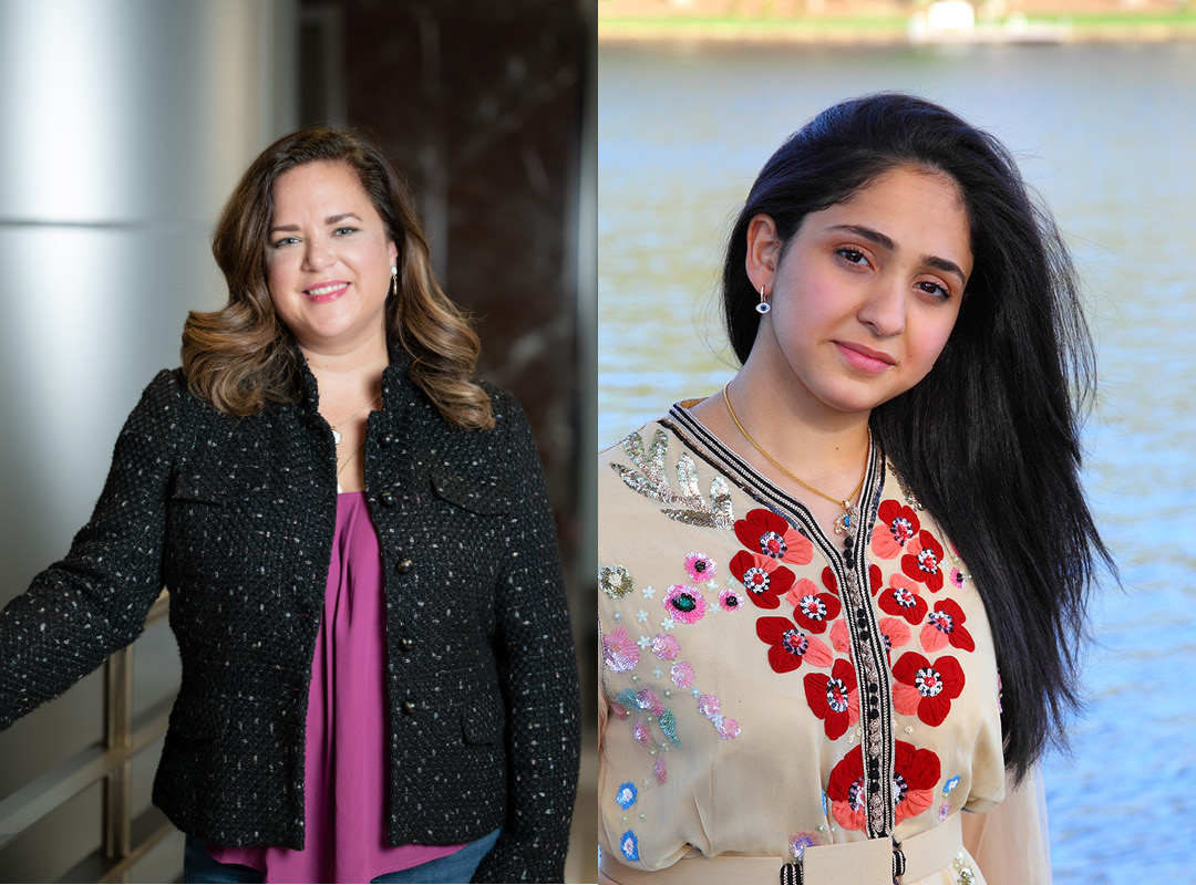 Two photos: On the left a woman wearing a purple shirt with a black jacket and on the right a woman wearing a patterned shirt standing in front of a body of water