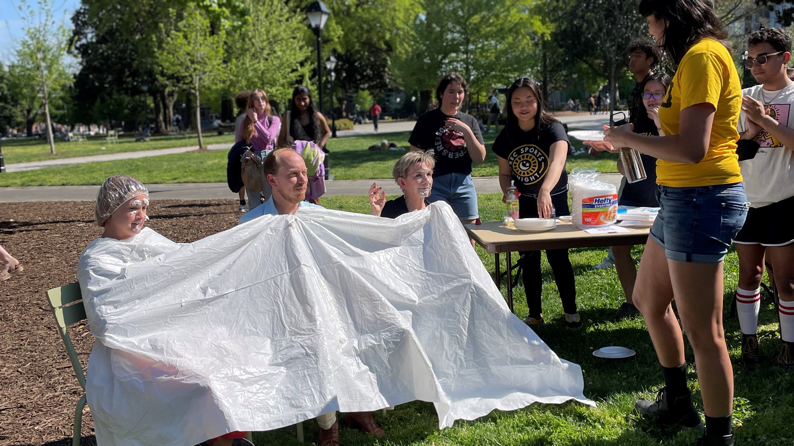 Members of H S E B particiapte in a pie-in-the-face event